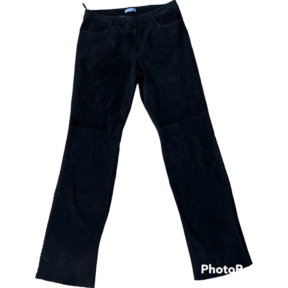 EUC Territories black suede pants with braided detail down leg size 8